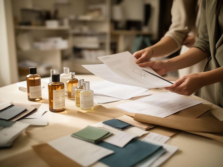 Mitarbeitende prüfen Dokumente in einem hellen Zürcher Studio mit Duftflakons und Stoffmustern auf dem Tisch