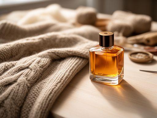 Kaschmirpullover neben einem warmen Parfumflakon auf einem hellen Holztisch mit weichem Tageslicht