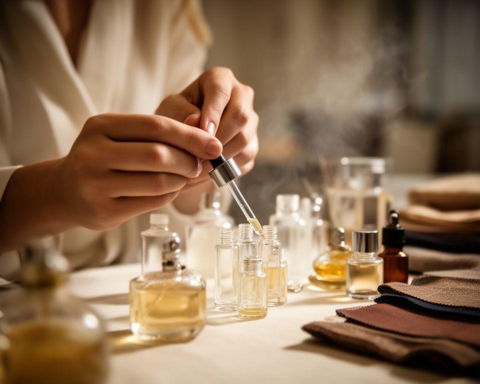 Parfümeurin mit Pipette an einem eleganten Dufttisch in heller Zürcher Atelier-Atmosphäre