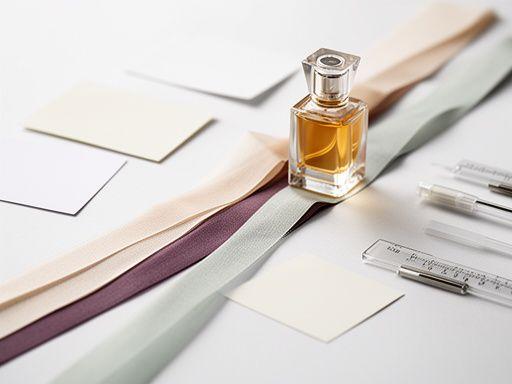 Parfumnotizen neben feinen Stoffstreifen und Messwerkzeugen in einem modernen Duftlabor mit weissem Hintergrund