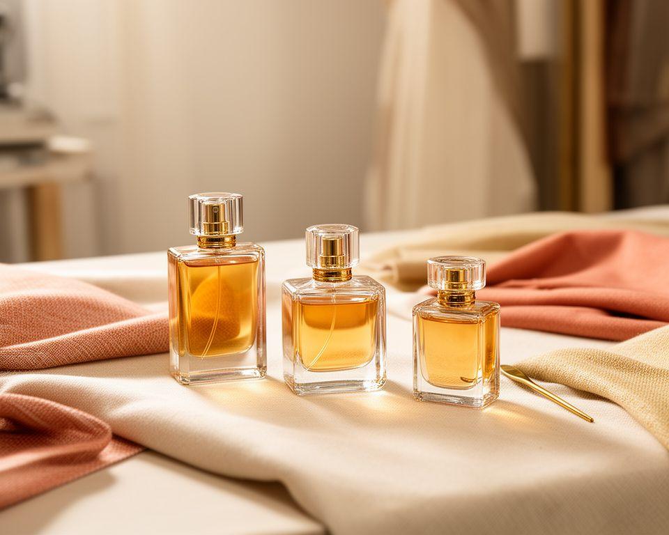 Luxuriöse Duftflakons und feine Stoffe auf einem hellen Atelier-Tisch in Zürich